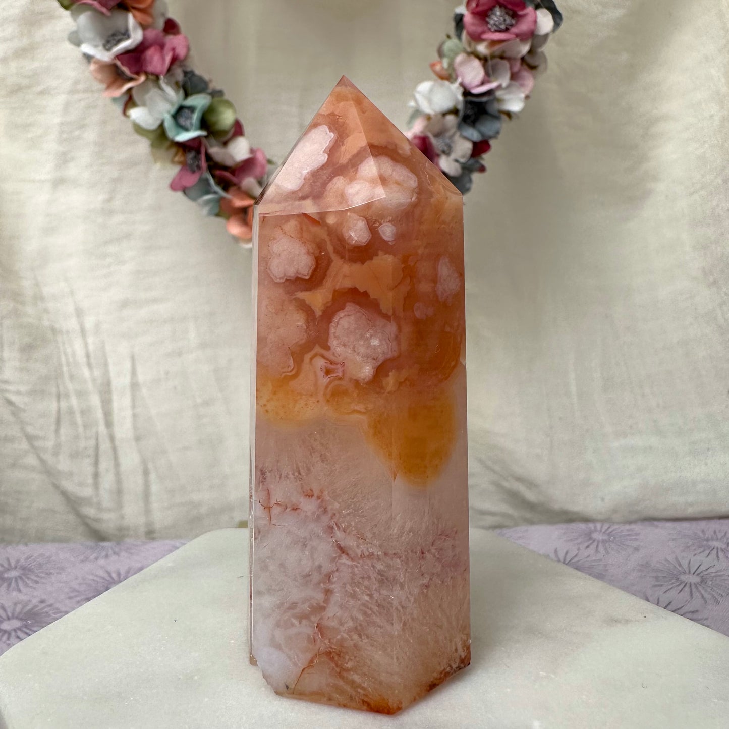 Druzy Blumenachat Turm mit Karneol