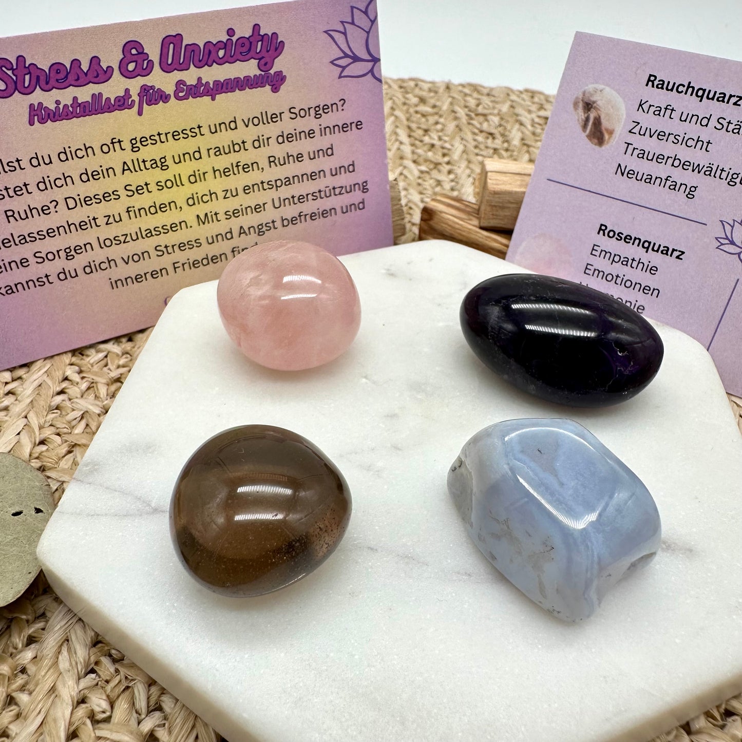 Edelsteinset gegen Stress und für Entspannung mit vier Trommelsteinen