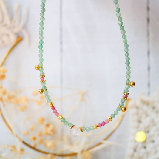 Grüner Aventurin, pinker Topaz Halskette