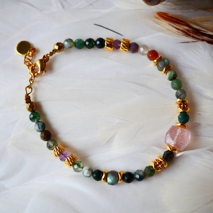 Moosachat und  Erdbeerquarz Armband facettiert