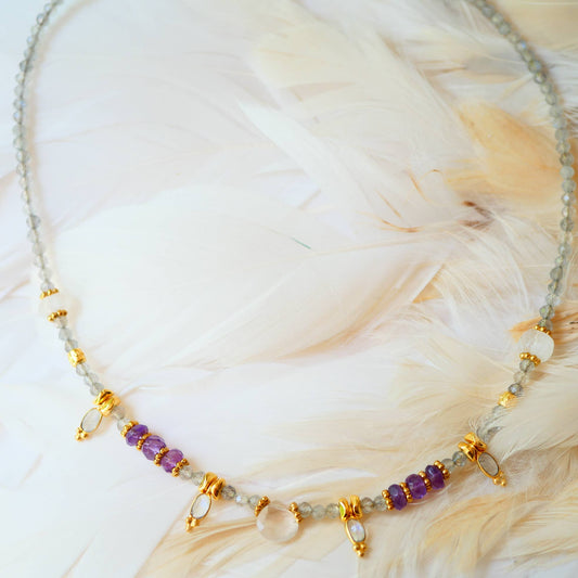 Labradorit, Mondstein, Amethyst Halskette