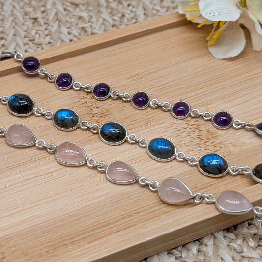 Silber Armband Amethyst, Rosenquarz, Labradorit