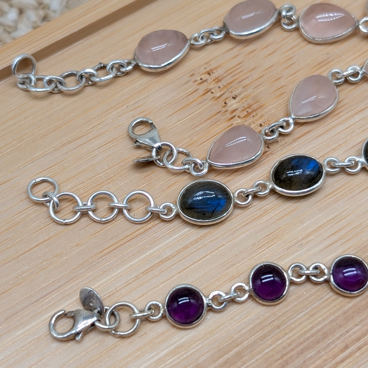 Silber Armband Amethyst, Rosenquarz, Labradorit